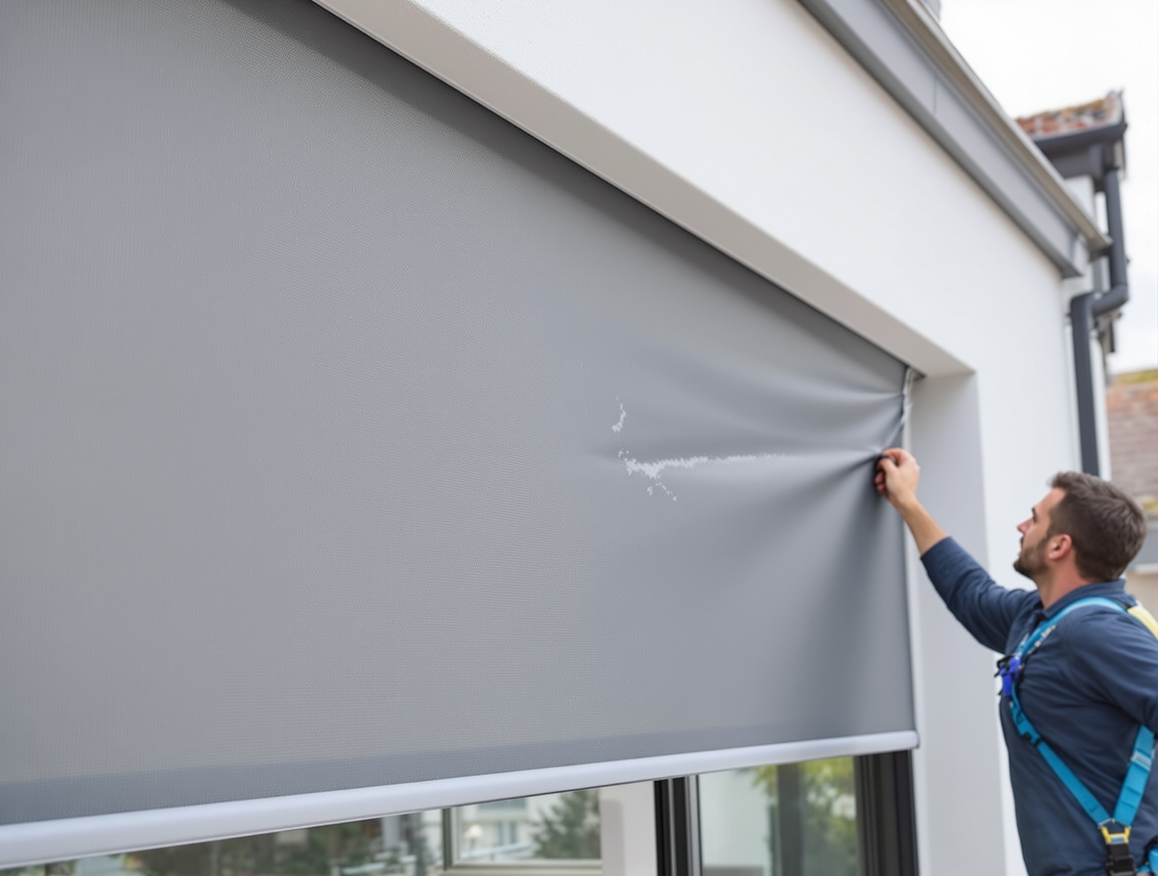 Doek vervangen op screen in Oostende — nieuw UV-bestendig doek gemonteerd in West-Vlaanderen